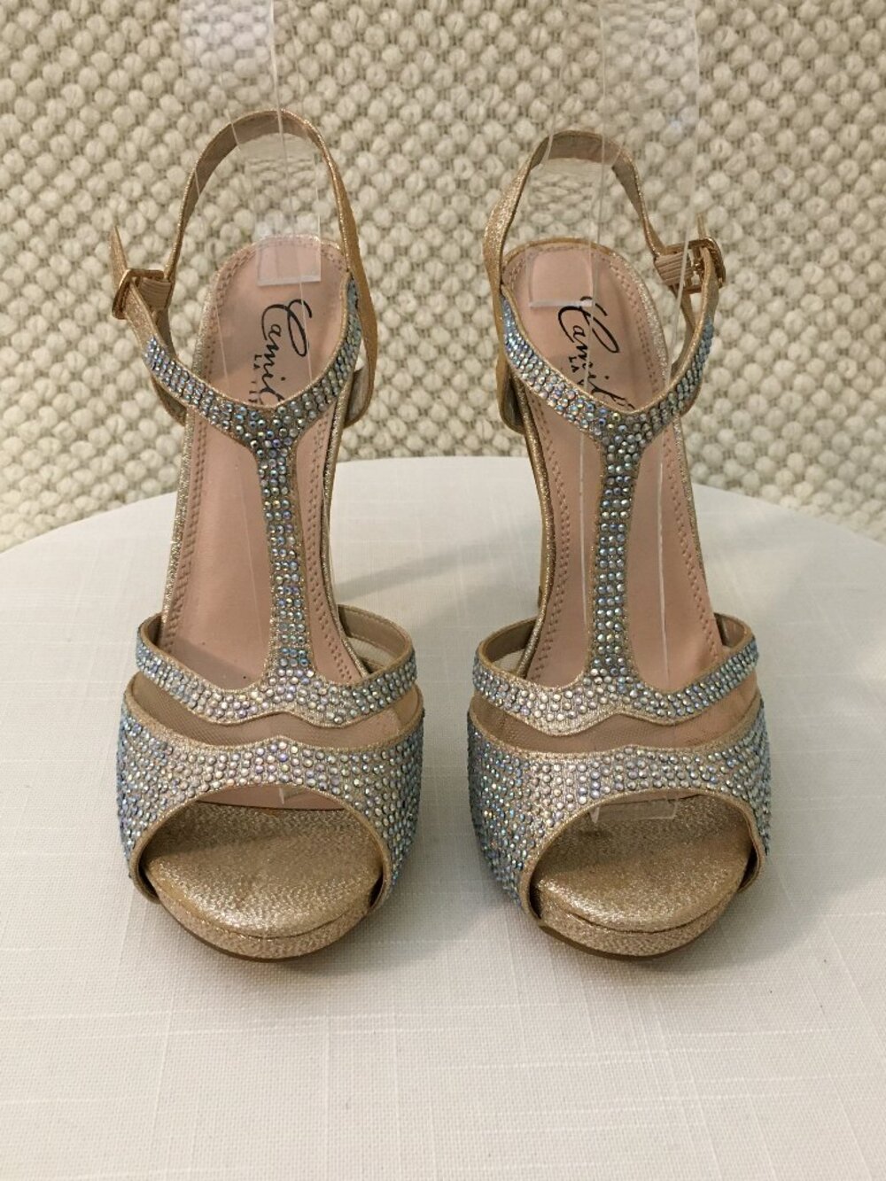 Camille Women's Dress Shoes Nude With Rhinestones 6.5" & Mesh Straps 4.5" Heel